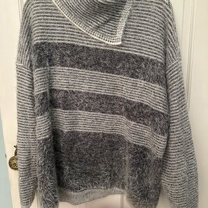 Tribal Gray and White Striped Cowl Neck Sweater